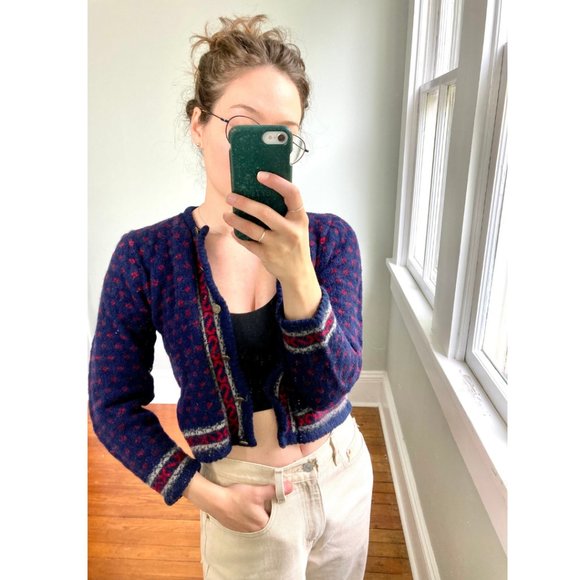 Vintage Crop Button Up Navy Blue Polka Dot Wool Cardigan Sweater - Picture 8 of 8